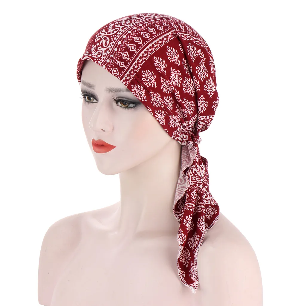 

Curved flower cloth two tail headtie Muslim Turban Hat chemo hat