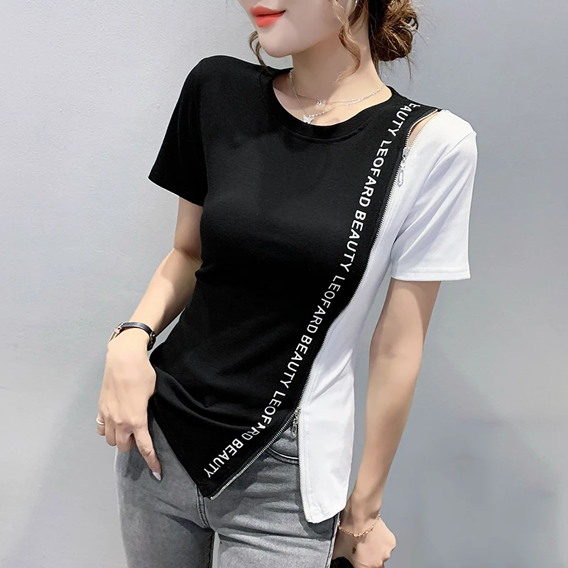 

#6021 футболка в стиле хип-хоп, женская сексуальная короткая футболка с боковой молнией, уличная одежда с короткими рукавами в стиле Харадзюку...