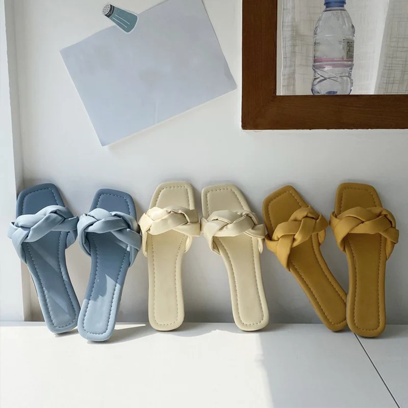 

Women Summer Casual Slippers Ladies Elegant Square Toe Shoes Woman Slides Flat Beach Shoes Women's Comfortable 2021
