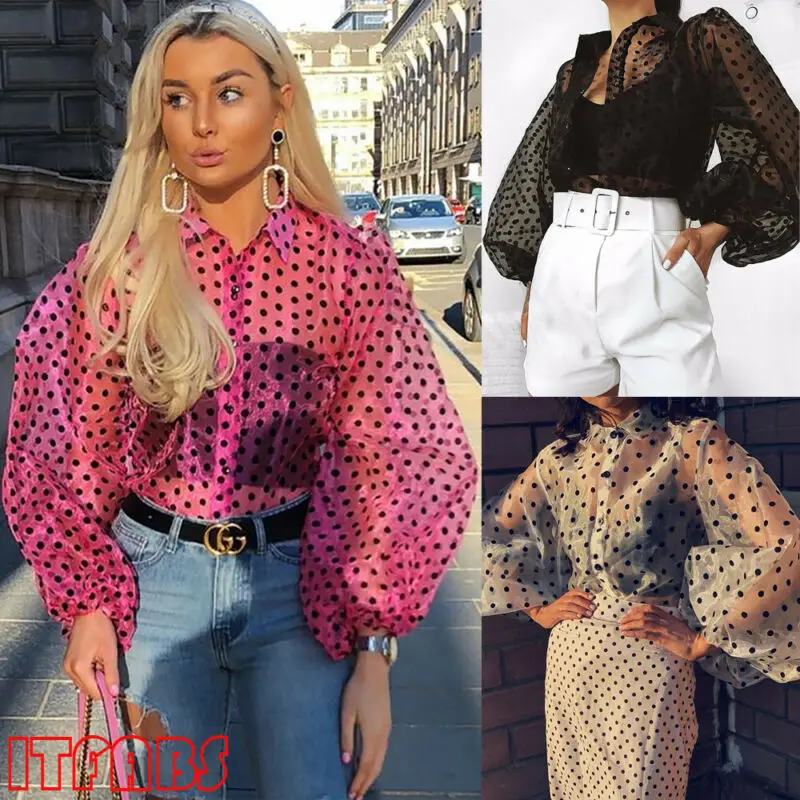 Женская прозрачная сетчатая блузка белая с длинными рукавами-фонариками и