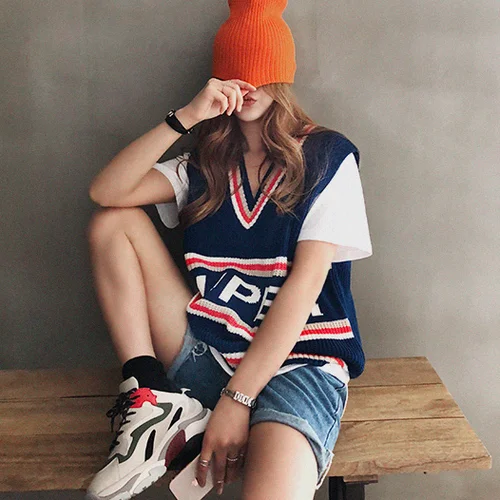 Женский вязаный свитер жилет 2020 корейский стиль Повседневный в полоску пэчворк v