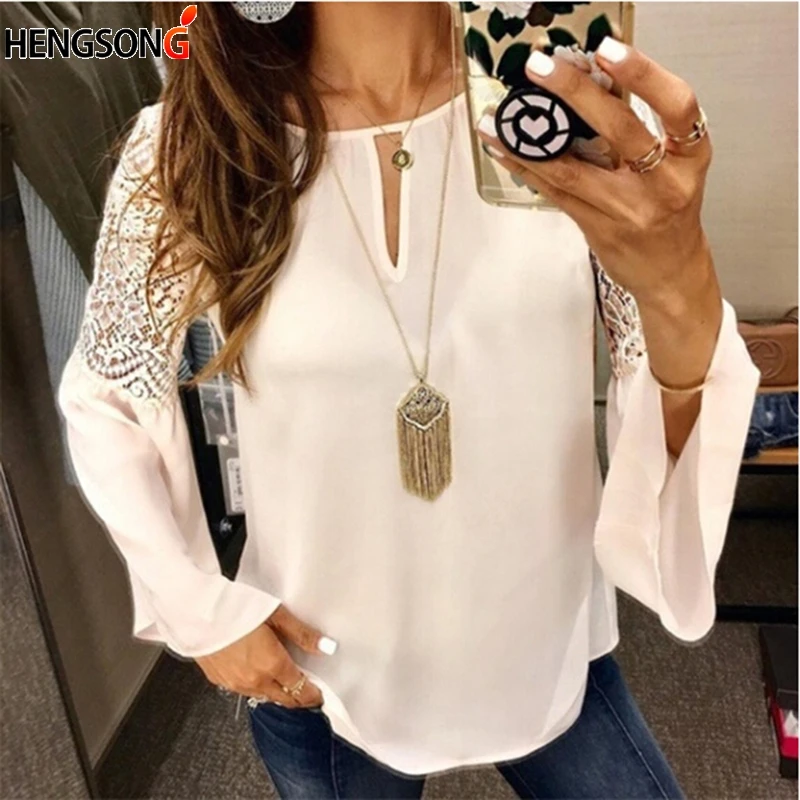 Blusas Mujer De Moda 2020 модная кружевная женская блузка с расклешенными рукавами