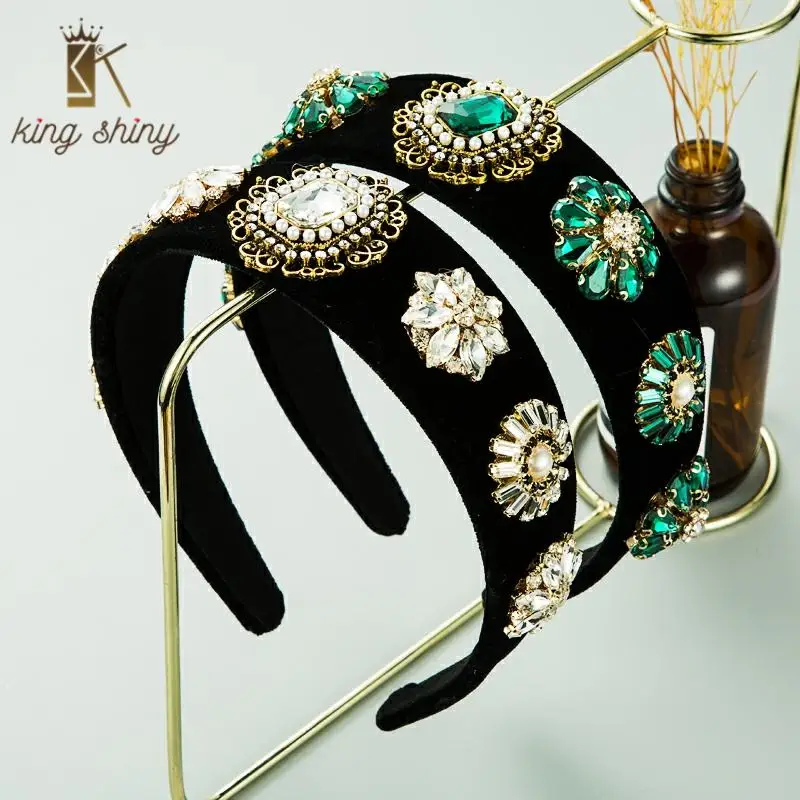 

Vintage Colorful Crystal Flower Headband for Woman Elegant Simulated Pearl Black Velvet Hairband Female Party Hair Accessories