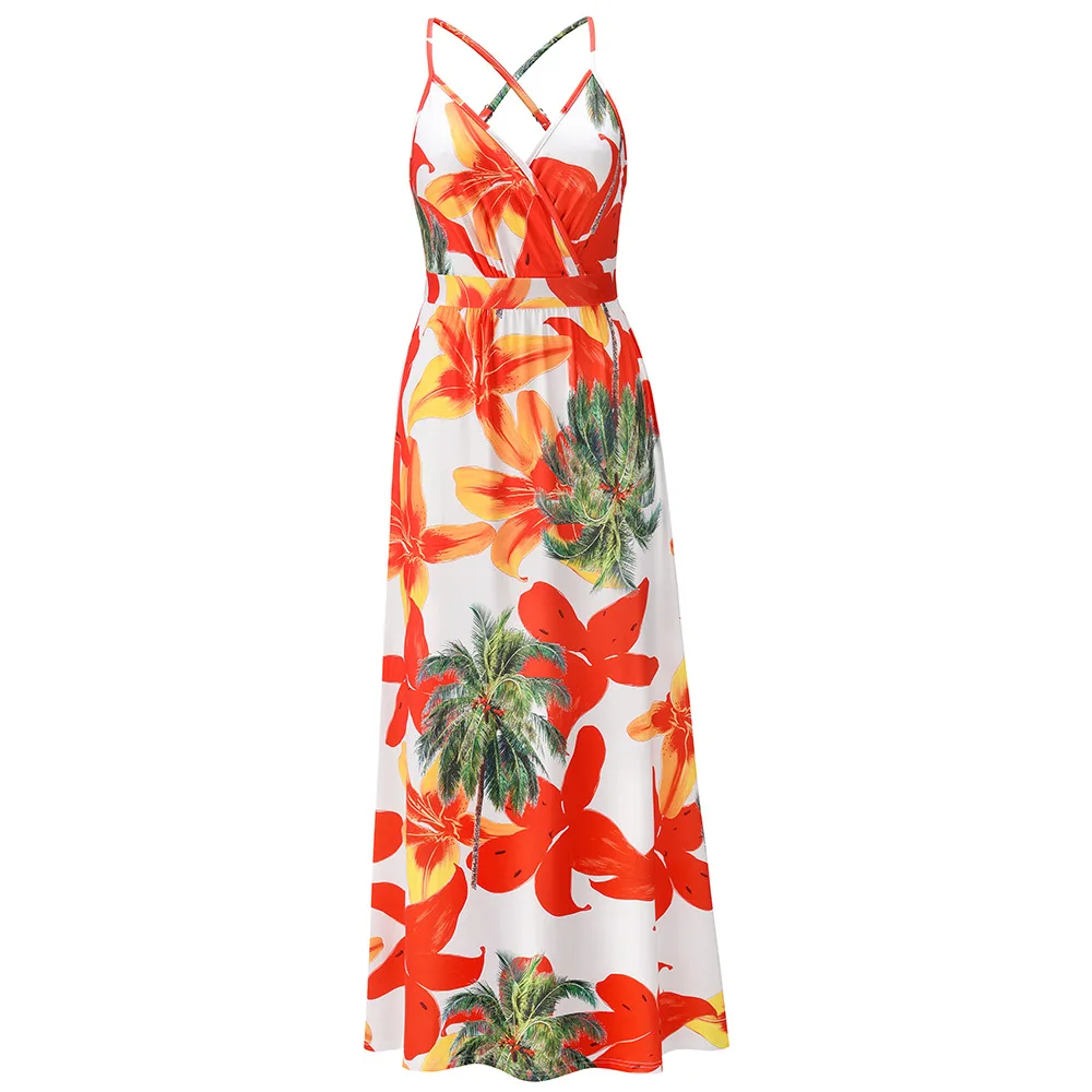 

2021 New Hot Sale Flower Women's Summer Bohemian Floral V-neck Loose Empire Fashion Casual Belted Dress Sleevelessmidi Sundress