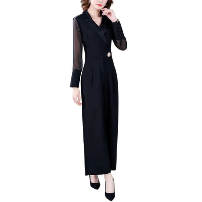 

Korean Chiffon Patchwork Overalls High Waist Black Full Sleeve Overall Elegant Fashion Clothes Woman Palazo Jumpsuit Jumpsuit