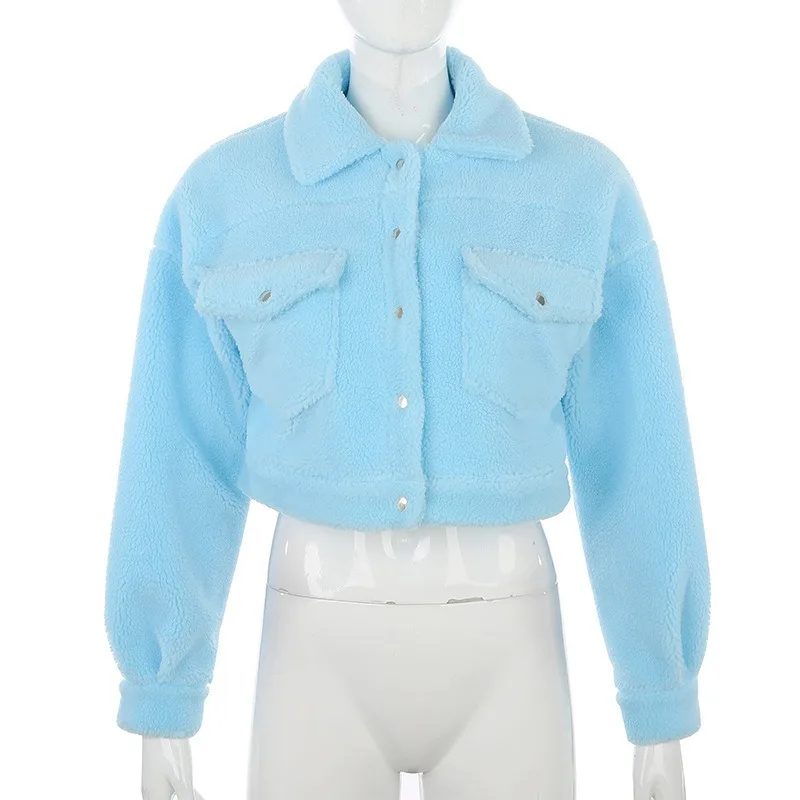 

Women Fleece White Cropped Jacket Coat Fashion Autumn Winter Warm Loose Pockets Pullover Female Blue Velvet Outwear Femme