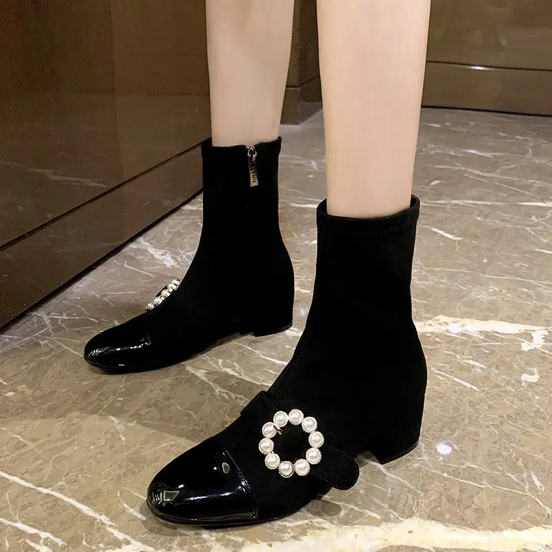 

Women Boots High Heels Round Toe Shoes Luxury Designer Stiletto Mid Calf Low Rock Rubber Mid-Calf Fashion Ladies Autumn Microfi