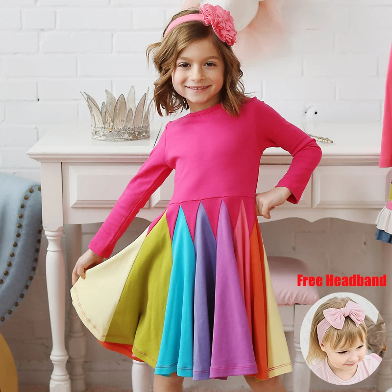 

2022 Princess Girls Dress + Headband Winter Rainbow Long Sleeve Cotton Color Block Cute Baby Girl Cotton Party Dresses for Kids