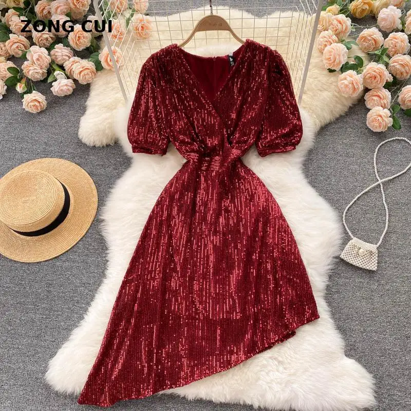 

Luxury dress women's V-neck short sleeve high waist red / Black Irregular sequins dress fashion temperament Prom Dresses 2021