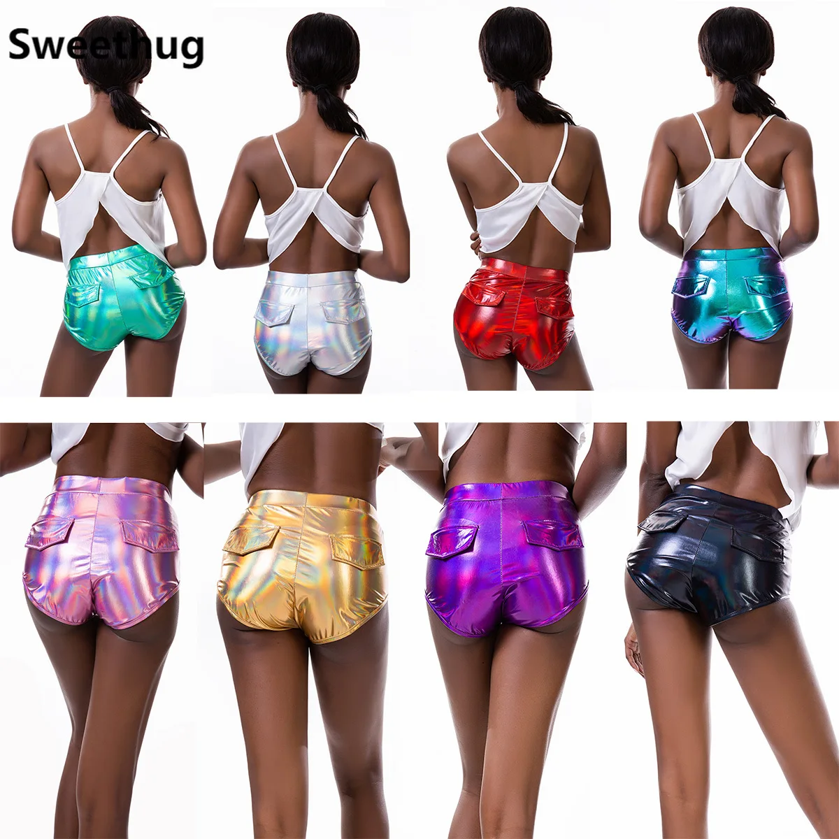 

2019 блестящие сексуальные голографические шорты с карманами для ночного клуба лазер металлик влажный вид шорты для вечевечерние ровные пра...