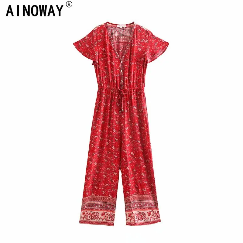 Винтажный шикарный женский комбинезон бохо геометрический цветочный принт