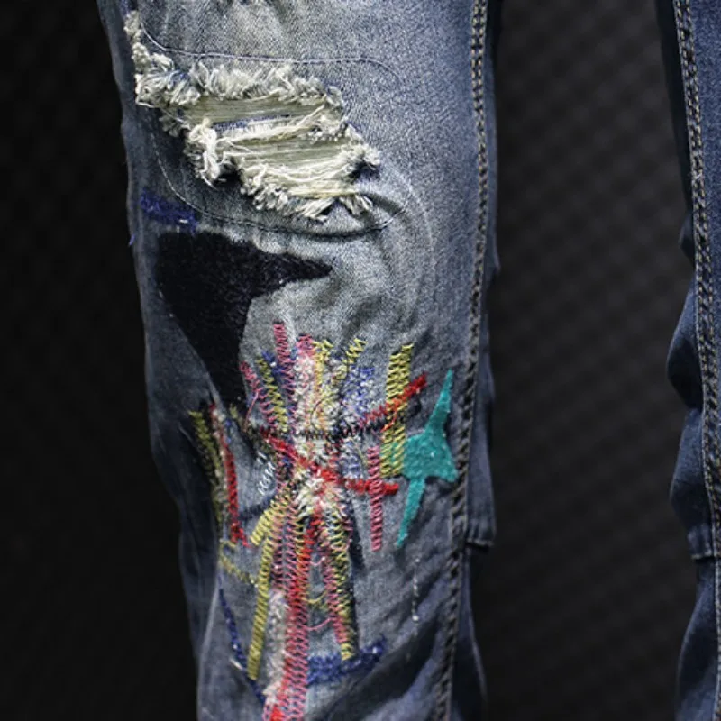 

Hip Hop Mens Jeans Fashion Embroidery Hole Denim Pants Streetwear Casual Slim Fit Pencil Pants Korean Vintage Washed Blue Jeans