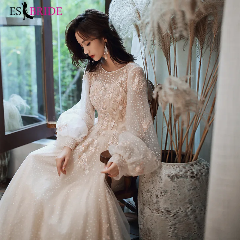 Элегантное вечернее платье цвета шампанского Длинные Пышные Рукава с круглым