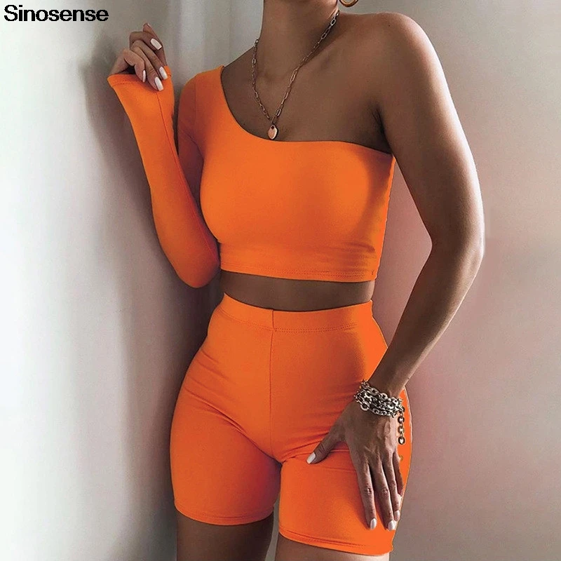 

Asymmetrical Two Piece Sets Women Sportswear Tracksuit Solid Black Orange Crop Tops+Elastic Bike Shorts Sporty 2 Piece Outfits