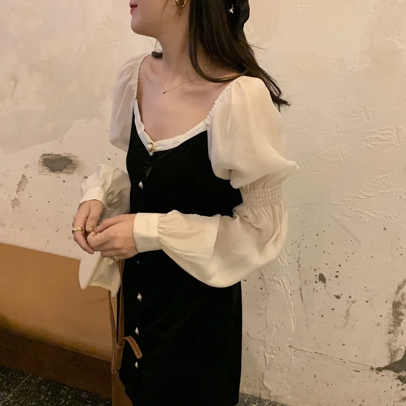 

Sister Fara New Spring 2021Chic Dress Patchwork Slim Women Elegant Puff Sleeve Autumn V-Neck Knee-Length Party Dresses Vestidos