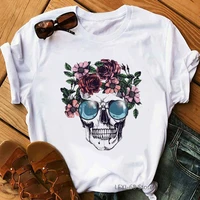 flowers skull wearing sunglasses print t shirt womens clothing funny white tshirt femme lady casual t shirt female streetwear