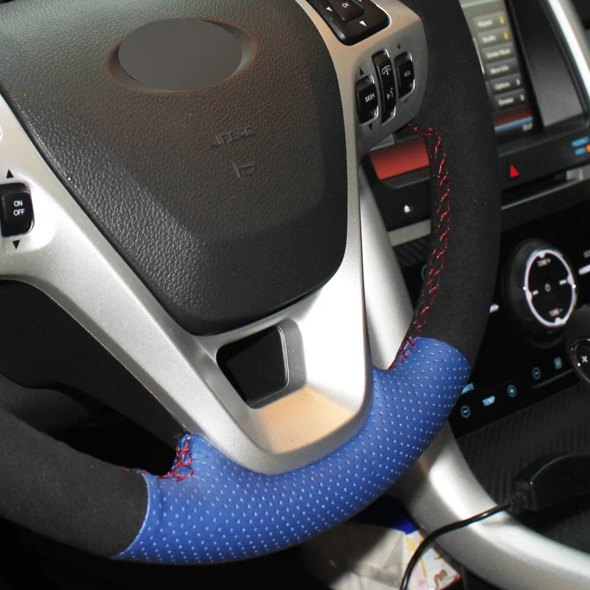 

LQTENLEO Blue Leather Black Suede Leather Steering Wheel Cover for Ford Explorer 2011-2019 Taurus Flex 2012-2019 Edge 2011-2014
