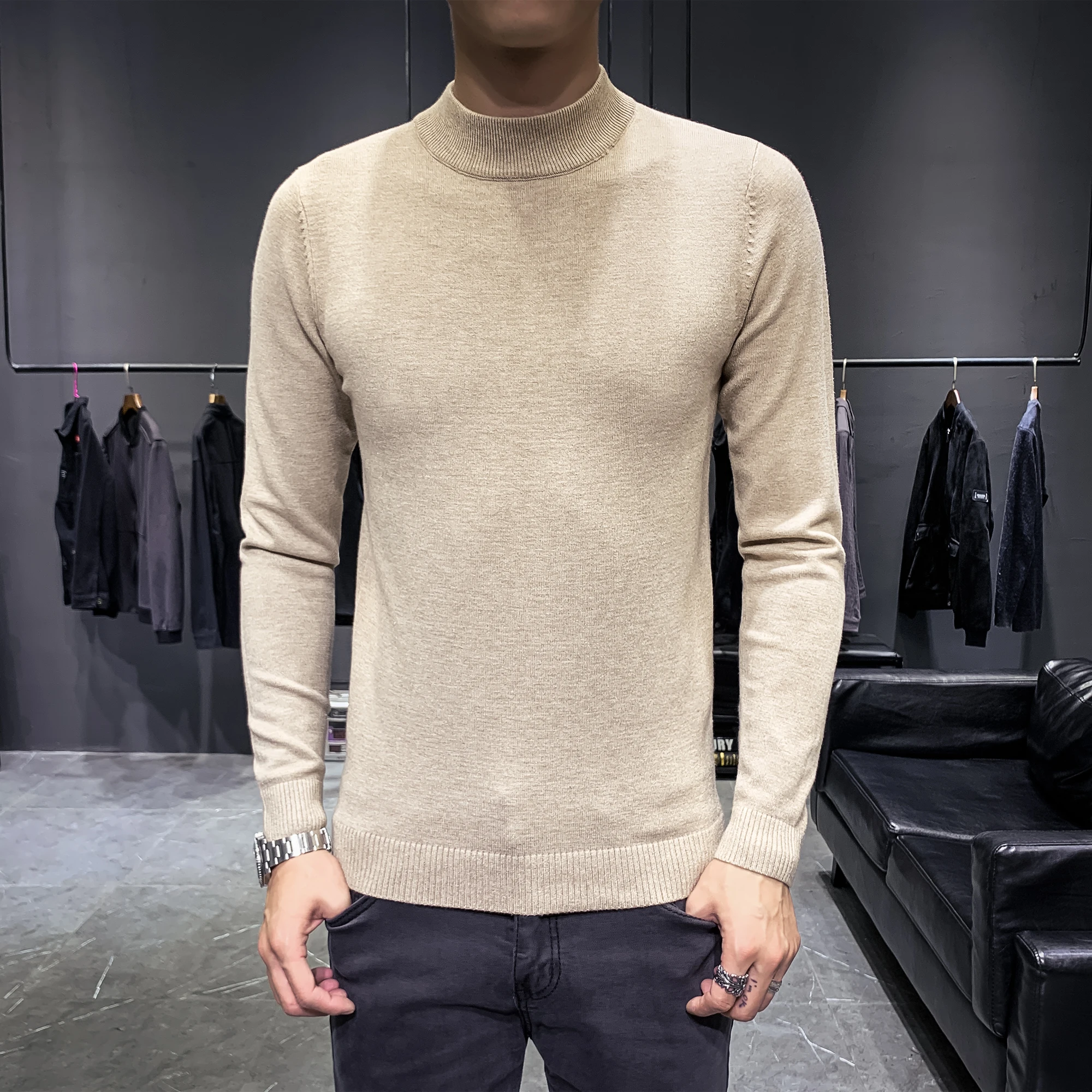 2019 осенне-зимний Однотонный мужской свитер мужские водолазки свитера модные