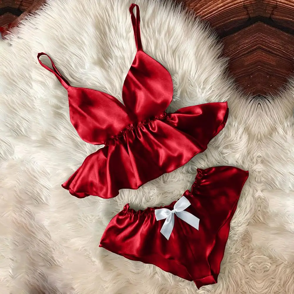 

2021 Women Sexy Stain Camisole Pajamas Set Bowknot Shorts Temptation Babydoll Nightwear Cute Cami Top and Shorts Pijama Mujer