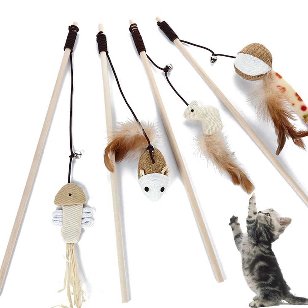 

Pet Cat Teaser Toys Feather Mouse Toy With Mini Bell Cat Catcher Teaser 4pc Funny Cat Wooden Stick Cat Interactive Toys Supplies