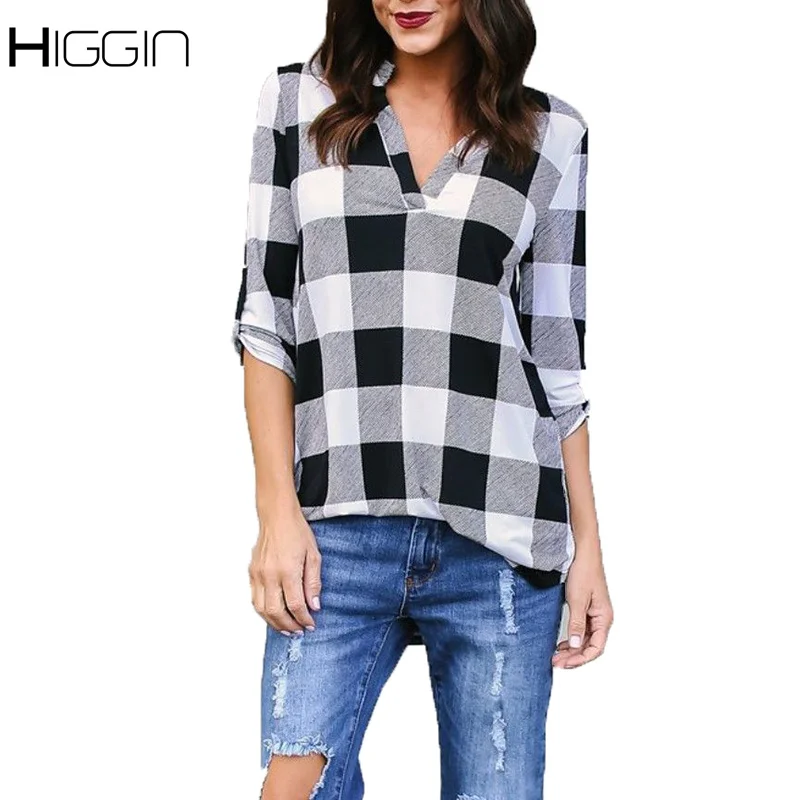 

5XL Autumn Large Size Shirts For Women Long Sleeve V-Neck Casual Blouses Oversized Classic Plaid Loose Shirt Female Streetwear