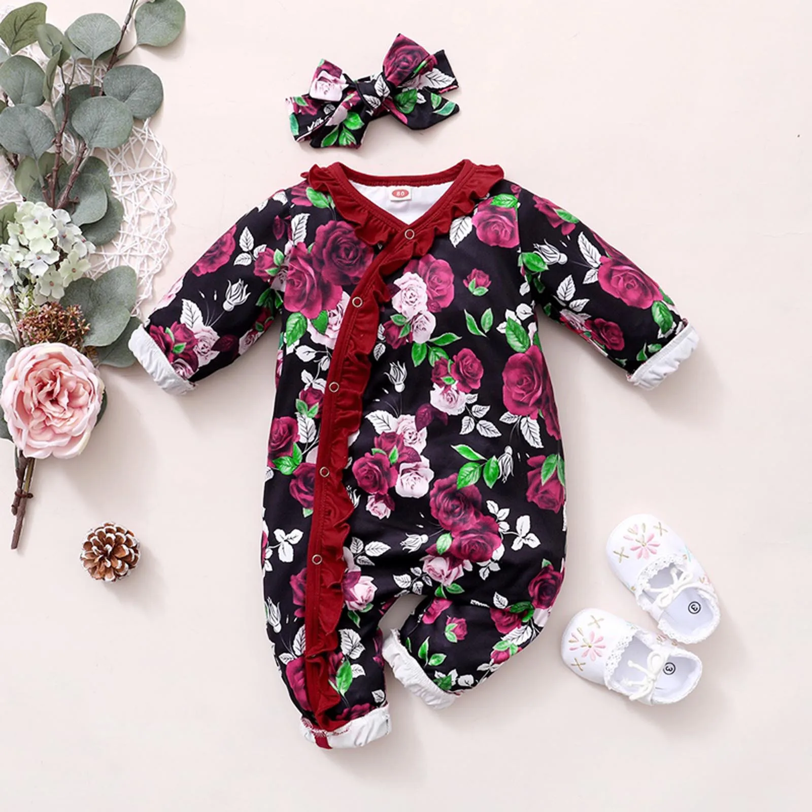 

Jumpsuit for kids Autumn Winter Baby Girl Clothes Floral Long Sleeve Romper Bodysuit With Headband зимний комбинезон дети E1