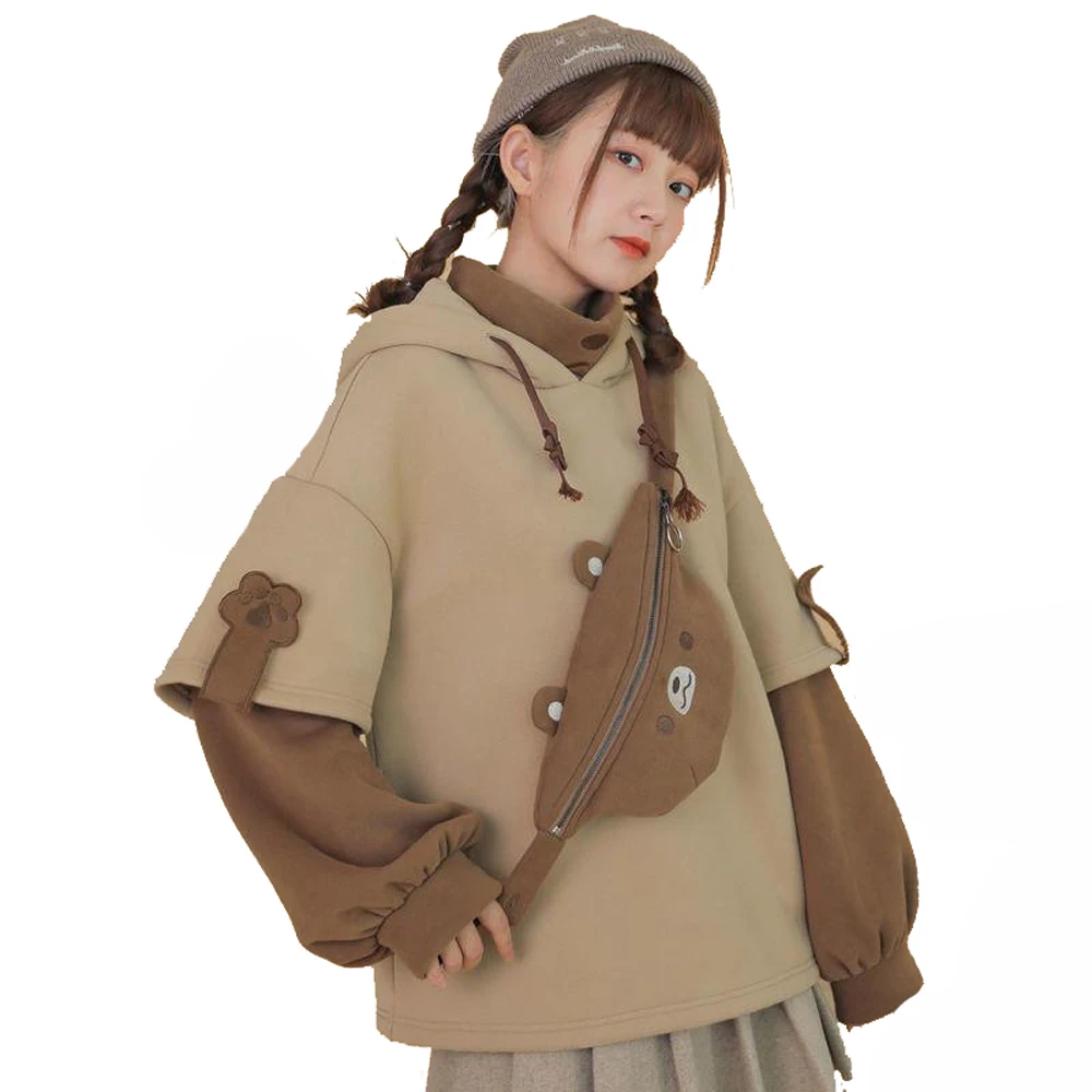 

Japanese Cute Autumn Winter Sweatshirt With Bear Bag Kawaii Clothes Patchwork Korean Fashion Hoodies Women Loose Sweetshirt