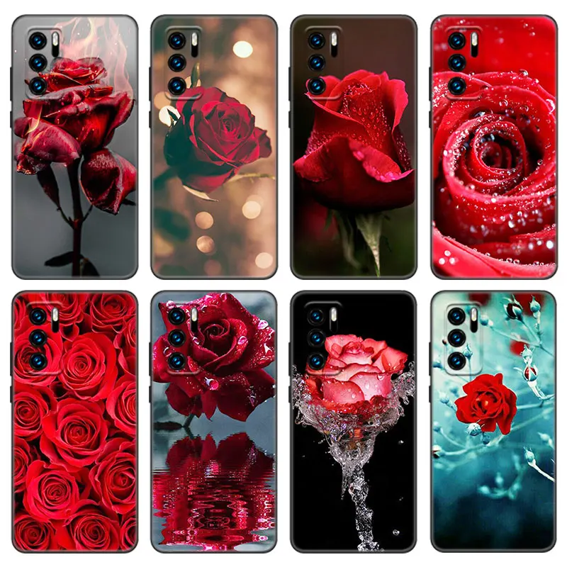 Bright Red Roses Flowers Case For Huawei P50 P40 P30 P20 Pro P10 P9 P8 Lite 2017 P Smart Z S 2021 2020 Pro 2019 2018 Black Cover