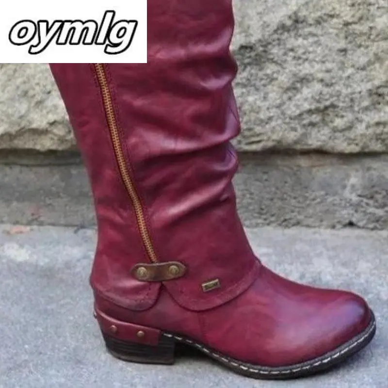 

Winter PU Leather Knee High Boots Women Snow Boots High Heels Side Zipper Female Shoes Black Red green Large Size