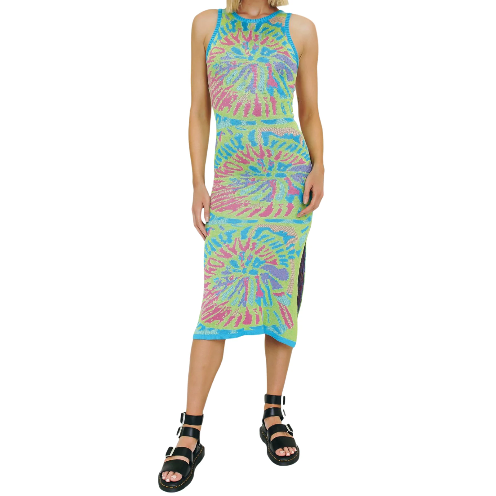 

Женское трикотажное платье средней длины, летнее цветное платье без рукавов с круглым вырезом, разрезом и высоким разрезом для взрослых