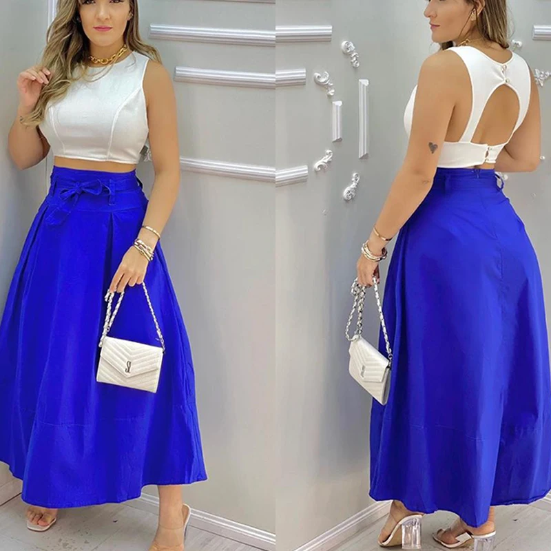 

2 Piece Skirts Sets Women Backless Short Top & A-line Skirts