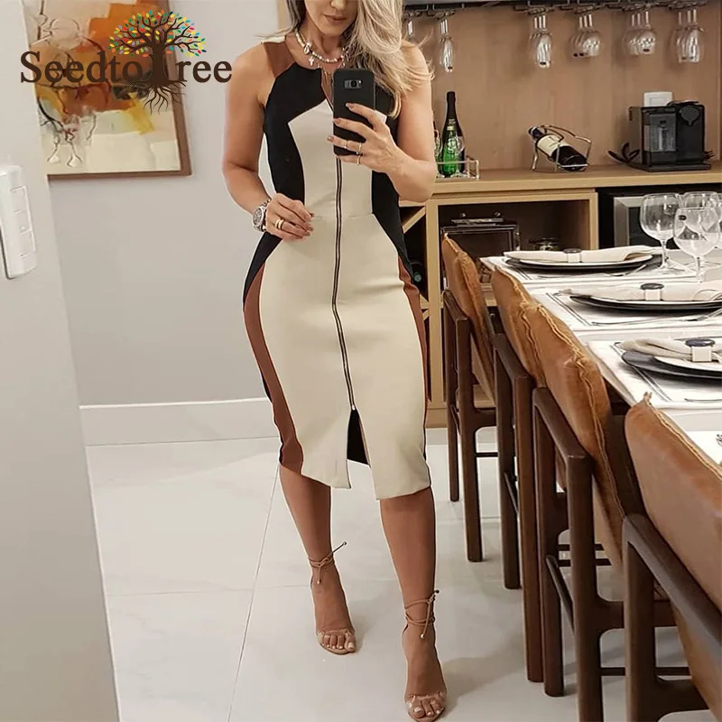 Colorblock Sleeveless Zipper Design Summer Dress Women Casual Midi Weekend | Женская одежда