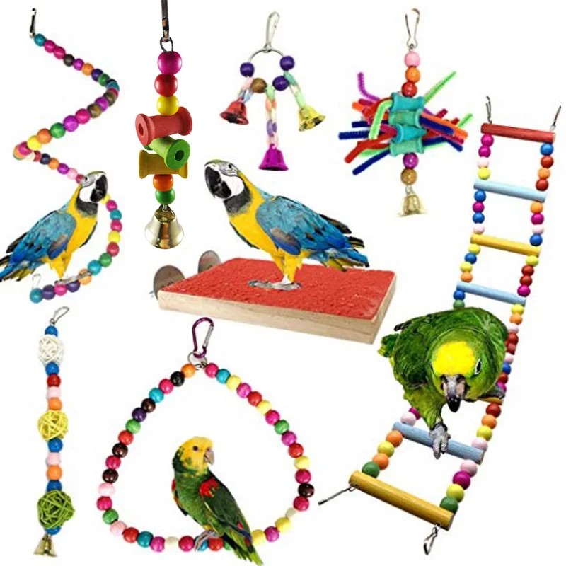 

LHXMAS PET TOY Parrot Chew Toys Bird Toy Matte Springboard Swing Rings Bell String 8-Piece Set