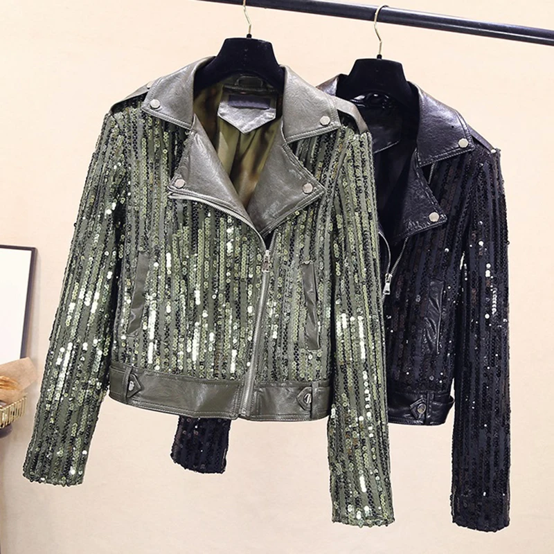 Женская короткая мотоциклетная куртка из ПУ кожи с блестками | одежда