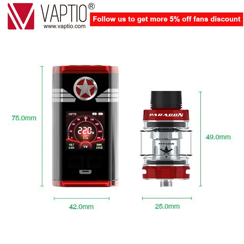 Оригинальный Vaptio capn'paragon Captain Kit 220 Вт 510 бокс-мод вейп с атомайзером 8 мл/2 мл