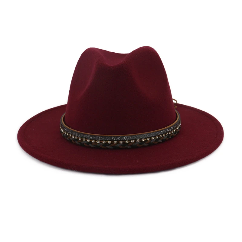 Wine Red fedora FS Wo Для мужчин s фетровая шляпка шерстяная шляпа Для мужчин шерстяной джазовый Шапки розовый женский Повседневное с большими полями Винтаж; сезон осень; классические фетровая шляпа хаки красные, черные Кепки - Цвет: Wine Red fedora