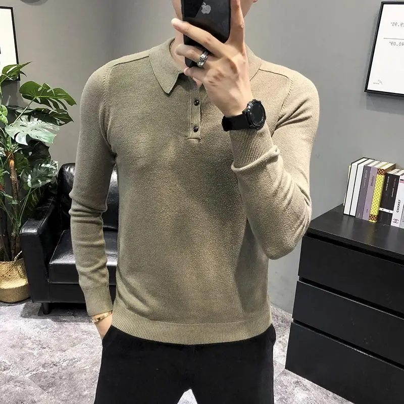 

Мужской свитер с длинным рукавом Осень Корейский мужской однотонный топ с отворотом Повседневный осенне-зимний тонкий свитер Повседневная...