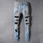 Джинсы Rhinstone мужские стрейчевые, хлопковые брюки скинни в стиле ретро, рваные модные рваные джинсы с дырками, большие размеры