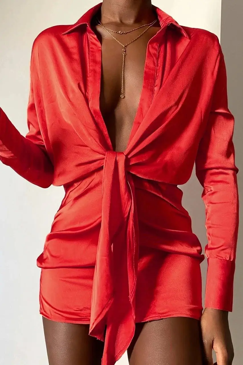 

Elegant Deep V Draped Tied Up Shirts Dress Women Ladies Long Sleeve Wrapped Short Dress Autumn Spring Lady Mini Dress