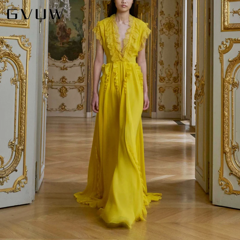 

GVUW Women NewV-neck Floor-length Sleeveless Yellow Elegant Tide Casual Summer Autumn Long Arab Kot Kosovo Dress13Q341
