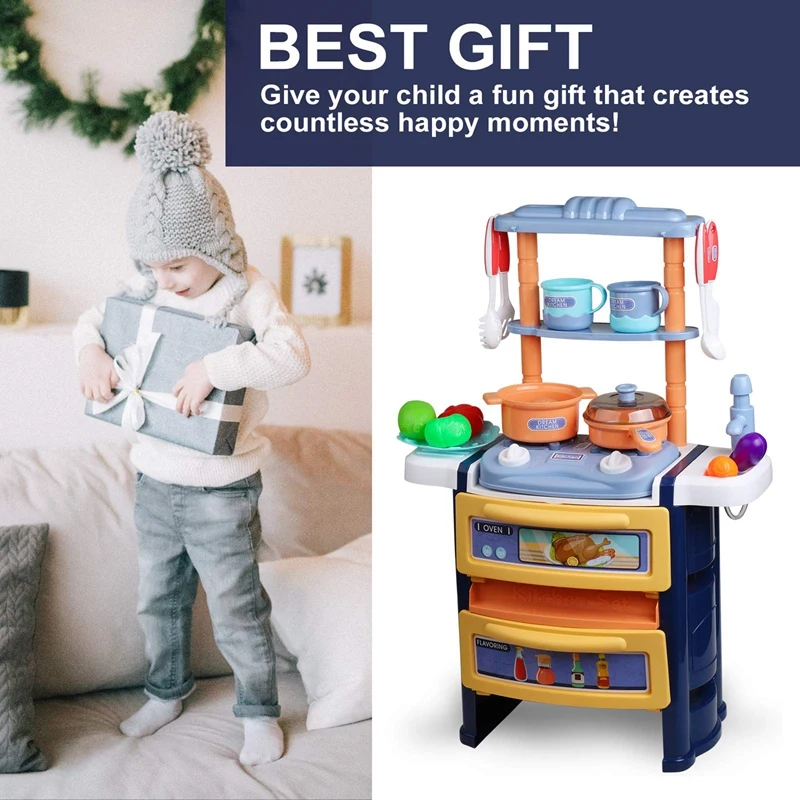 

Kids Kitchen Pretend Play Toys Double Layer Cutting Play Kitchen Set with Lights & Sounds Pretend Steam Play Sink & Oven