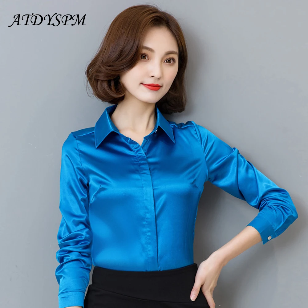 Женская атласная шелковая блузка элегантная рубашка с длинным рукавом для офиса