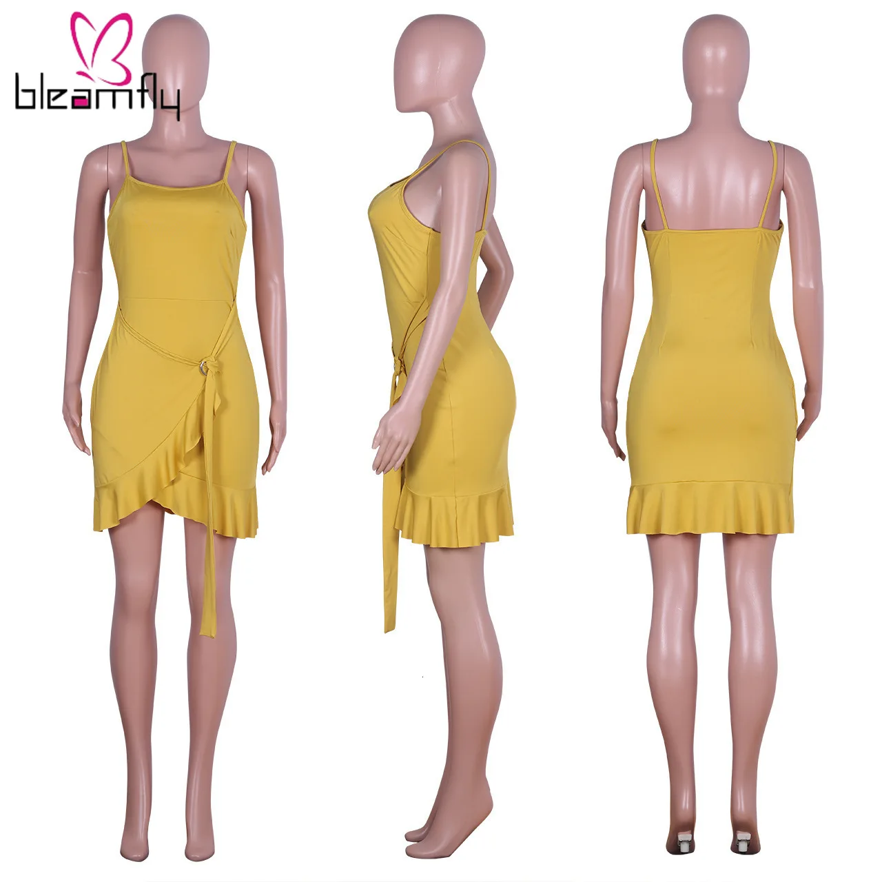 2019 женское летнее Мини-Платье на тонких бретельках с высокой талией и поясом