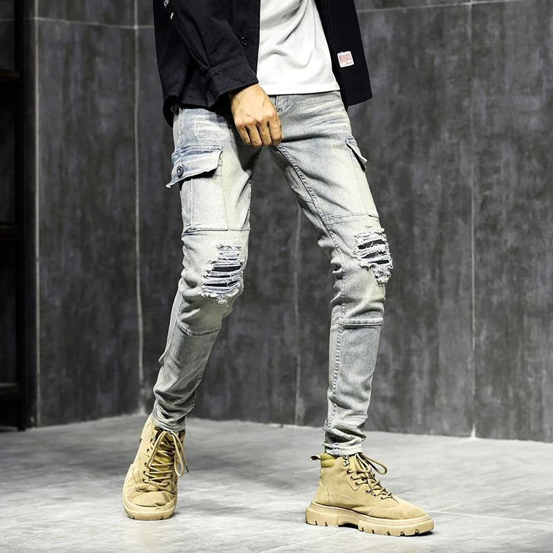 

Korean Style Mens New Spliced Multi Pocket Zippers Slim Hole Jeans Vintage Biker Pants Casual Stretch Straight Cargo Pants