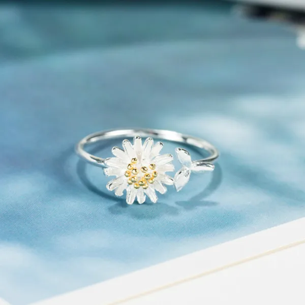 

Women's Ring S925 Silver Color Daisy Flower Ring Size Adjustable Ring Fashion Wedding Beautiful Girl Fine Jewelry