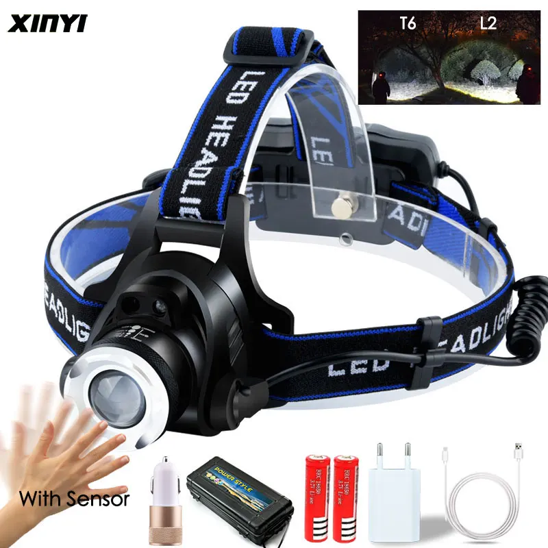

6000LM LED Headlamp Body Motion Sensor T6/L2/ Zoomable Led Head lamp Flashlight Torch Headlight Lanterna light for Camping