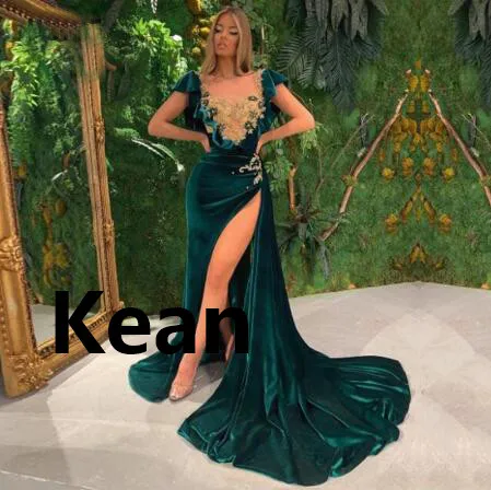 

Женское велюровое вечернее платье, изумрудно-зеленого цвета, с высоким разрезом, на заказ