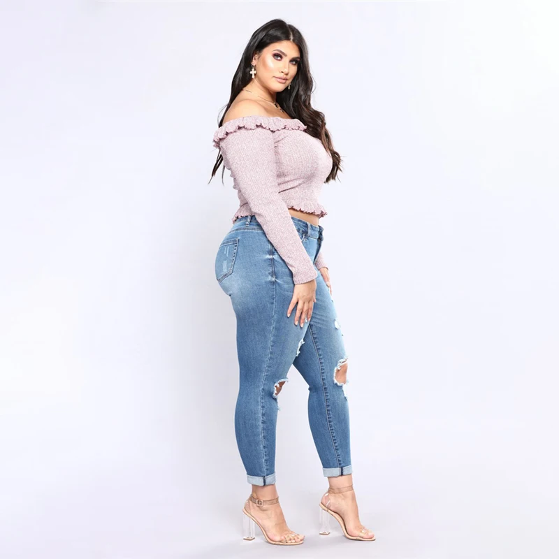 Лидер продаж модные женские джинсы новые средней талии с дырками длинные узкие