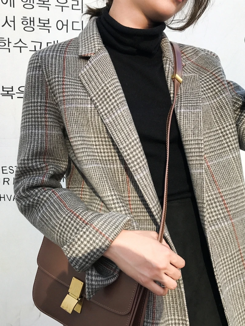 Осень-зима Винтаж шерстяные женские офисные клетчатый блейзер с длинным рукавом