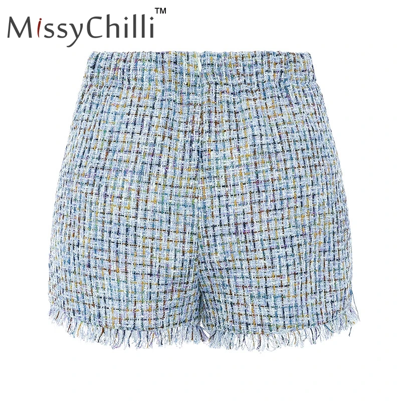 MissyChilli, элегантные твидовые повседневные шорты с высокой талией, женские офисные клетчатые шорты с бахромой, женские сексуальные стильные винтажные шорты